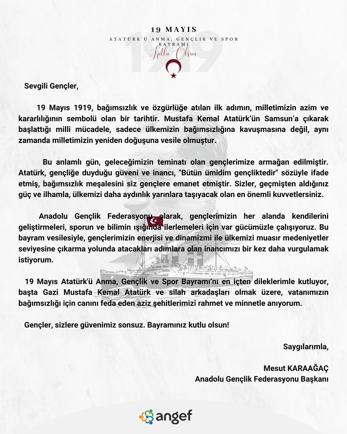 Federasyon Başkanımızdan 19 Mayıs Mesajı